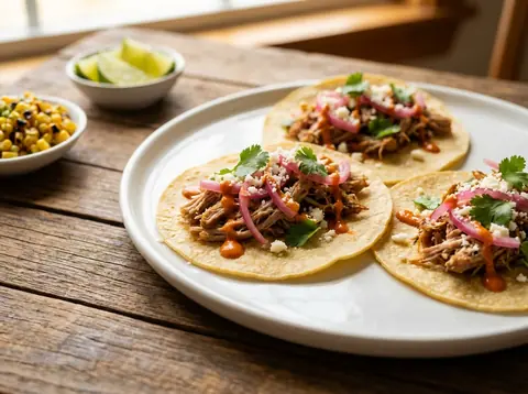 Chipotle pulled pork tacos with charred corn and lime