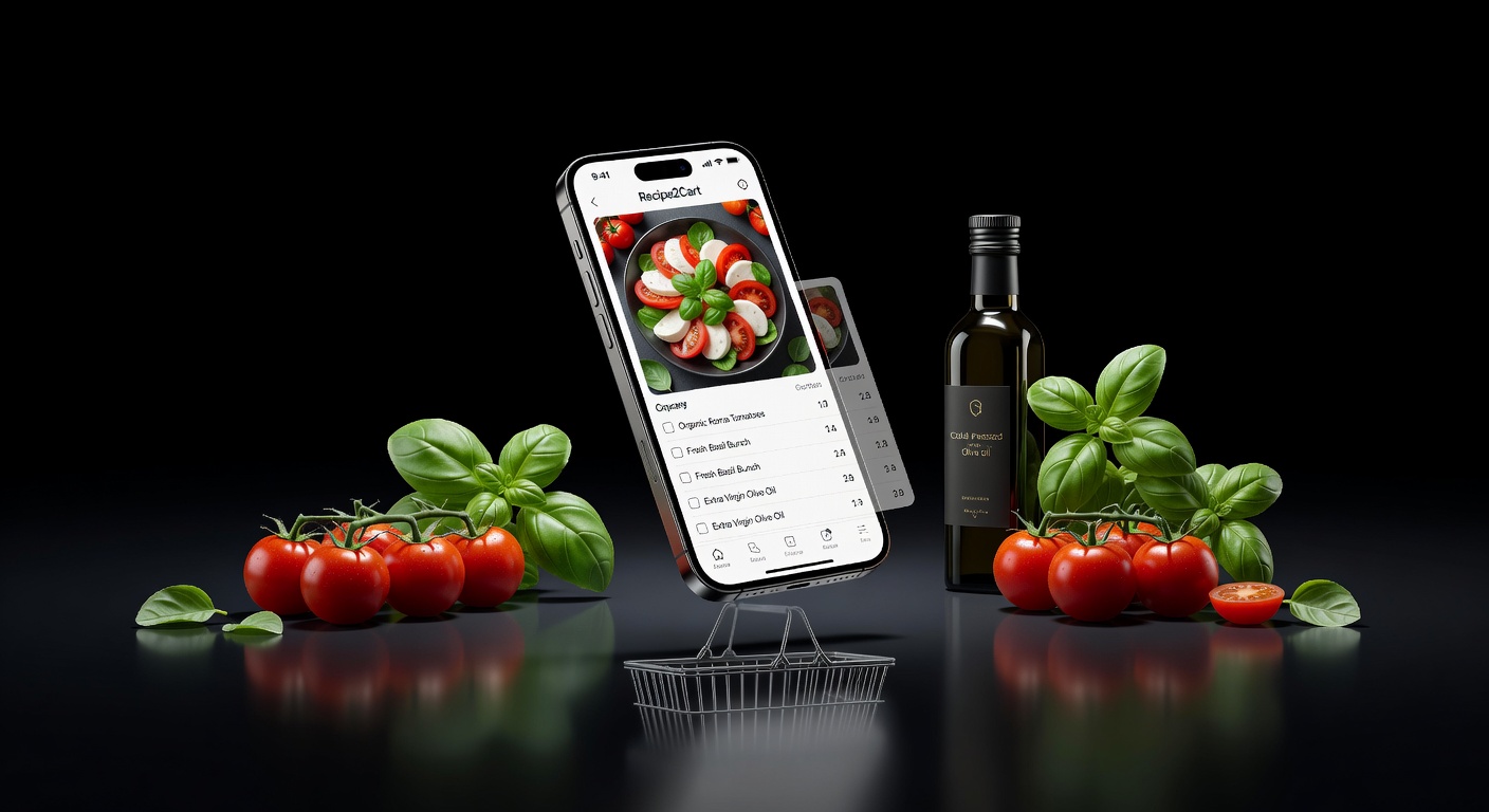 Recipe2Cart app concept with fresh ingredients and a grocery list workflow